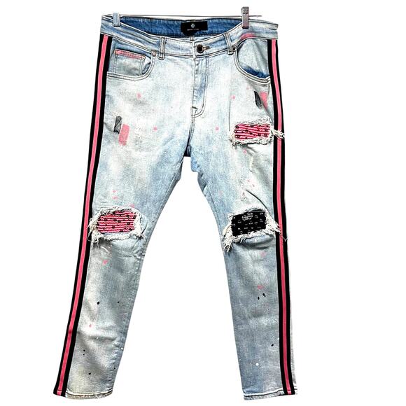 Focus Jeans With Pink/Black Stripe Bandana Patches Paint Splattered Distressed - Picture 1 of 7
